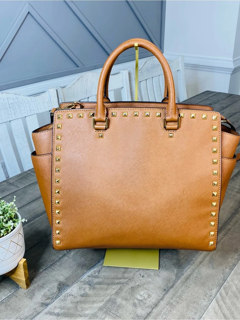 Michael Kors Selma Studded Large Brown Satchel Zip, Gold Hardware, Strap